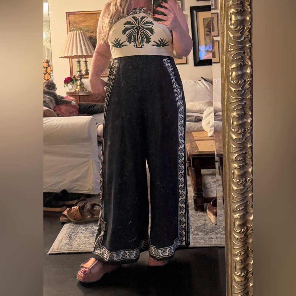 Wide-Leg Black Jumpsuit with White Border Trim